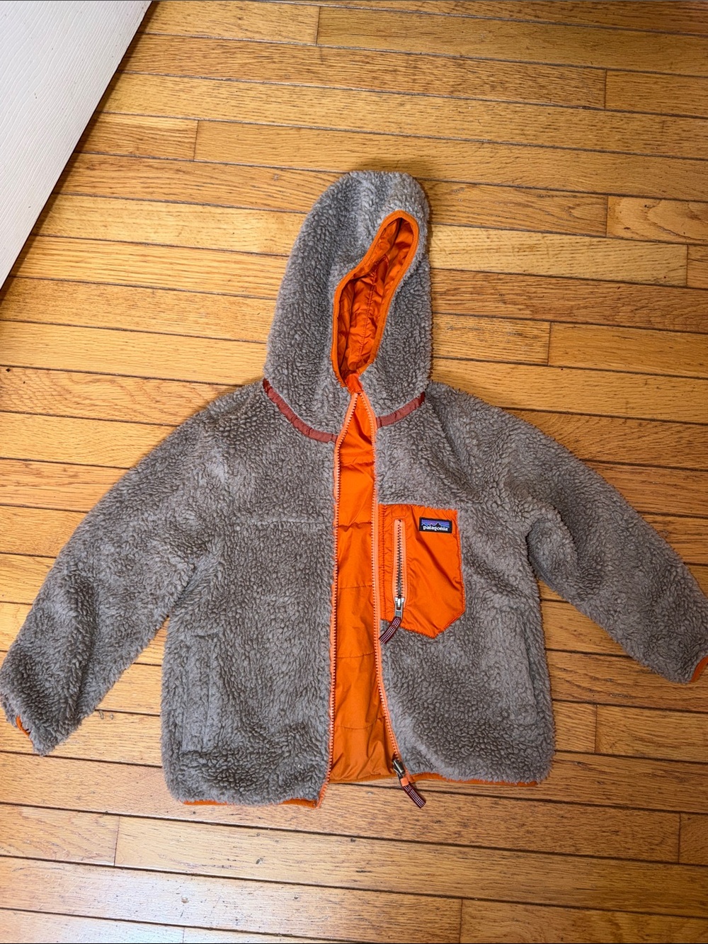 Patagonia Kids Gray Sherpa Puffer Jacket with Orange Lining